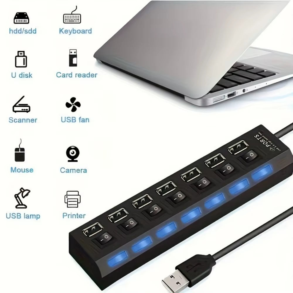 USB 2.0 Hub 4/7 Port Splitter Power Adapter with ON/OFF Switch Multiple Expander HUB for PC Laptop Macbook Desktop Accessories